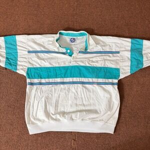 Vintage Greenline International Men XL Polo Shirt White Teal Stripe 90s Retro C+